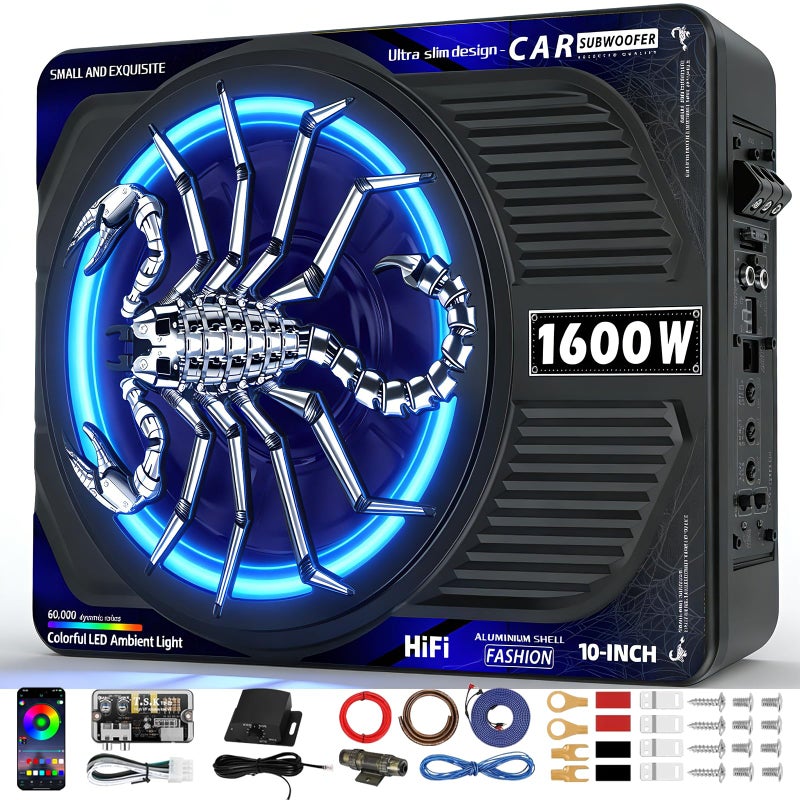 TZGBASS 1600W سوب ووفر نحيف تحت المقعد وحزمة مضخم الصوت، سوب ووفر سيارة مزود بمضخم صوت من الفئة D مدمج، ضوء متزامن مع الإيقاع RGB، صوت جهير عميق تحت الصوت، سوب ووفر تحت المقعد للشاحنة SUV سيدان - Image 1