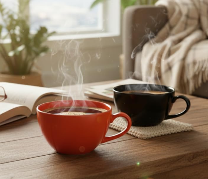 BLACKCARROT Large Fine Ceramic Coffee Cup Set of 2, Black and Orange, 380ml | Cappuccino Cups | Glossy Finish | Large Ceramic Coffee Cups | Premium Stoneware | Microwave Safe - Image 2