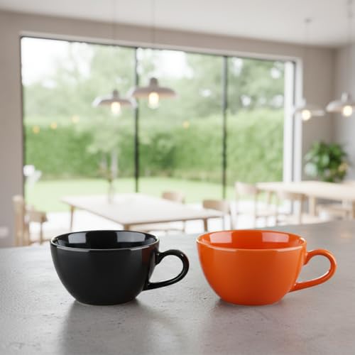 BLACKCARROT Large Fine Ceramic Coffee Cup Set of 2, Black and Orange, 380ml | Cappuccino Cups | Glossy Finish | Large Ceramic Coffee Cups | Premium Stoneware | Microwave Safe - Image 1