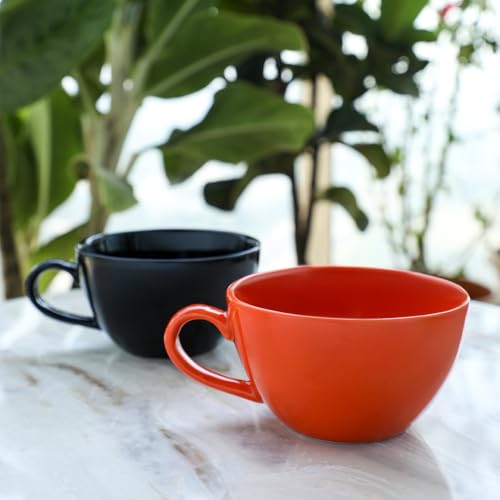 BLACKCARROT Large Fine Ceramic Coffee Cup Set of 2, Black and Orange, 380ml | Cappuccino Cups | Glossy Finish | Large Ceramic Coffee Cups | Premium Stoneware | Microwave Safe - Image 3