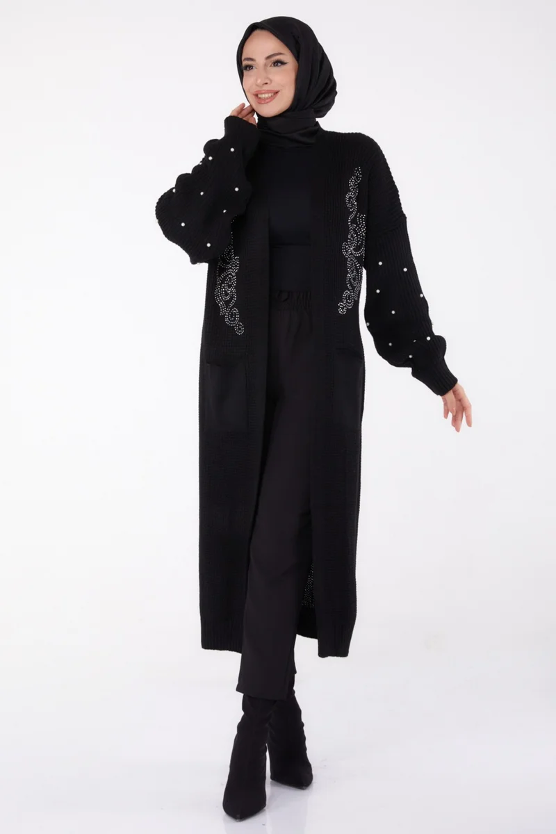 Tofisa Plain Medium Women's Black Pearl Knitwear Cardigan - 26453