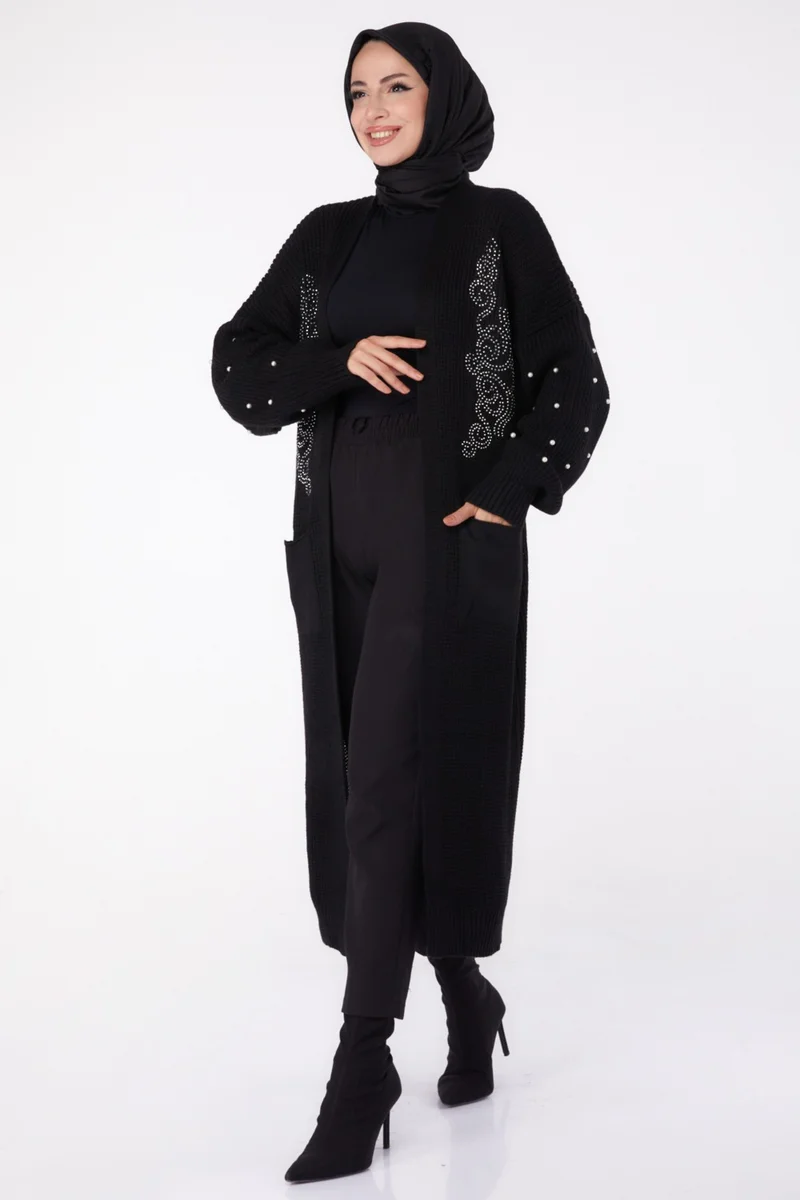 Tofisa Plain Medium Women's Black Pearl Knitwear Cardigan - 26453