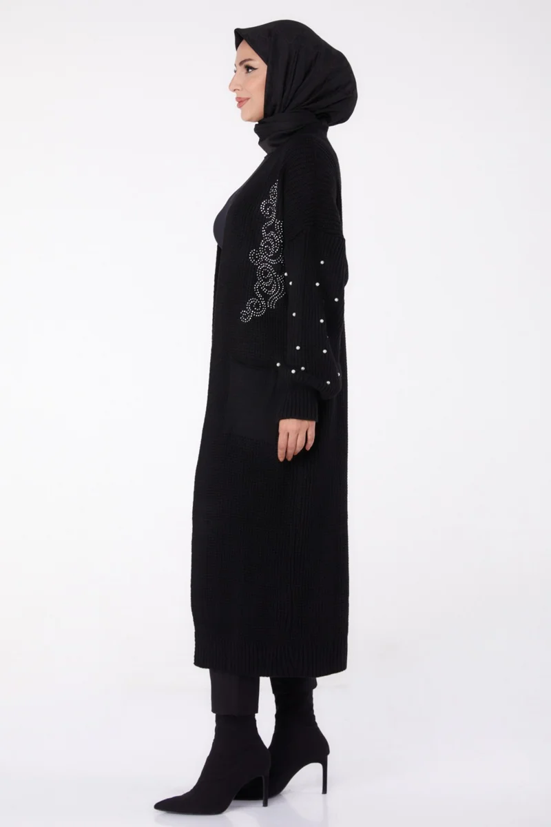 Tofisa Plain Medium Women's Black Pearl Knitwear Cardigan - 26453