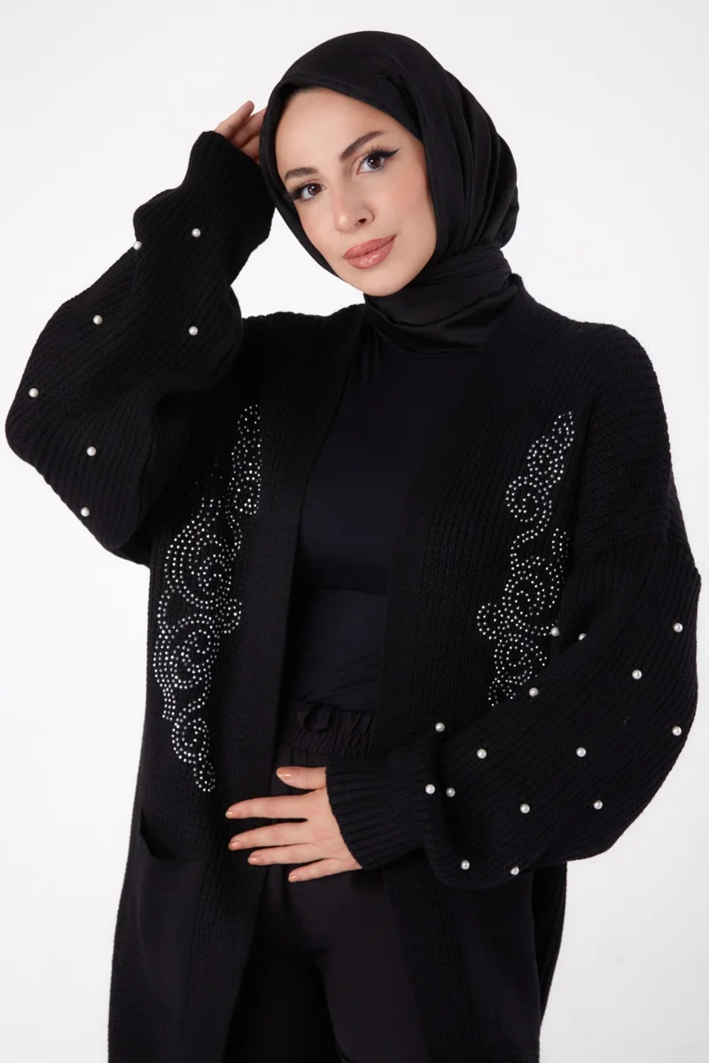 Tofisa Plain Medium Women's Black Pearl Knitwear Cardigan - 26453