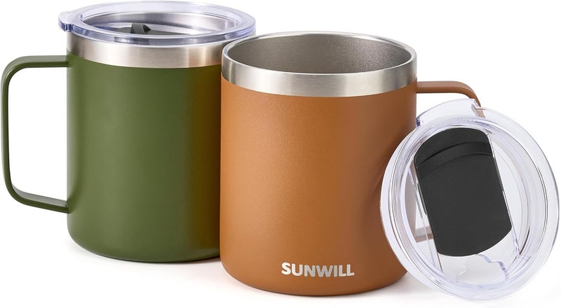 SUNWILL Travel Coffee Mug with Lid, Insulated Tumbler Set of 2, Stainless Steel Cup 14 oz for Camping, Outdoor, Gifts, Powder Coated Olive & Caramel - Image 2