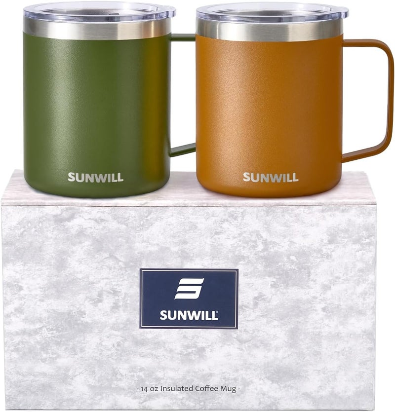 SUNWILL Travel Coffee Mug with Lid, Insulated Tumbler Set of 2, Stainless Steel Cup 14 oz for Camping, Outdoor, Gifts, Powder Coated Olive & Caramel - Image 1