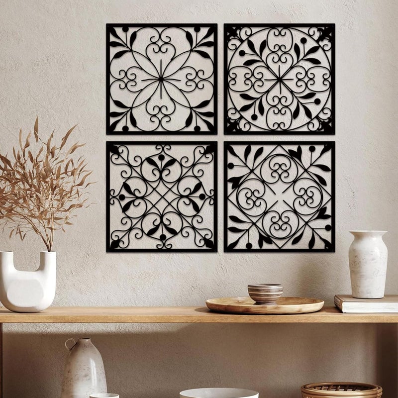 Resama 4 Pieces Rustic Wall Decor Farmhouse Wall Decor for Living Room Metal Hollow Carved Design Metal Decorative for Home Bedroom Kitchen Office (Black,Square) - Image 2