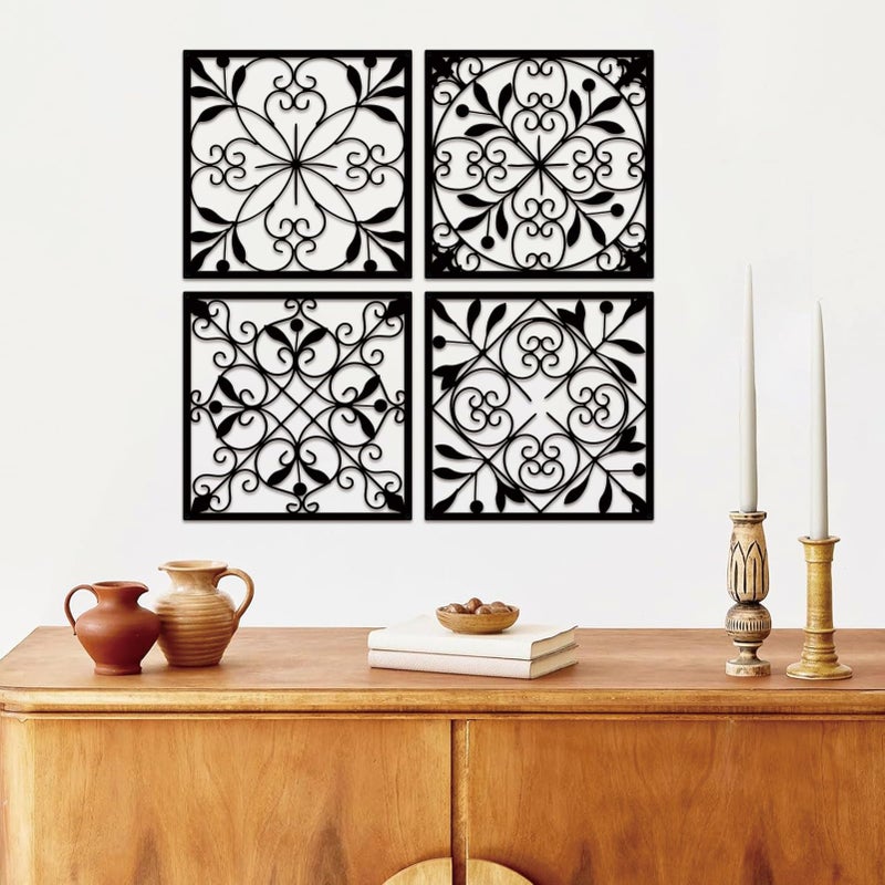 Resama 4 Pieces Rustic Wall Decor Farmhouse Wall Decor for Living Room Metal Hollow Carved Design Metal Decorative for Home Bedroom Kitchen Office (Black,Square) - Image 1