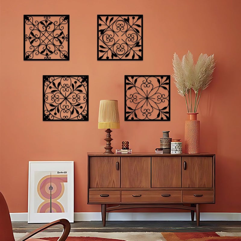 Resama 4 Pieces Rustic Wall Decor Farmhouse Wall Decor for Living Room Metal Hollow Carved Design Metal Decorative for Home Bedroom Kitchen Office (Black,Square) - Image 3