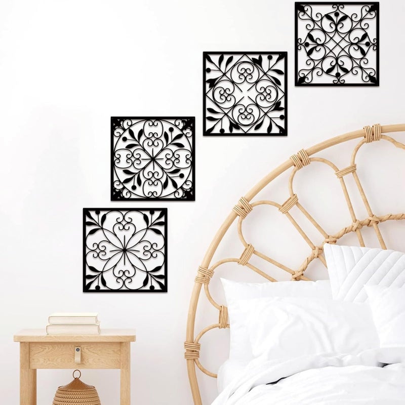 Resama 4 Pieces Rustic Wall Decor Farmhouse Wall Decor for Living Room Metal Hollow Carved Design Metal Decorative for Home Bedroom Kitchen Office (Black,Square) - Image 5