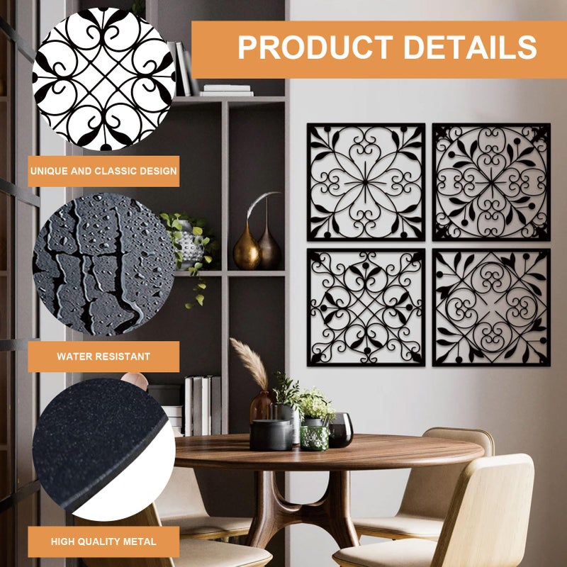 Resama 4 Pieces Rustic Wall Decor Farmhouse Wall Decor for Living Room Metal Hollow Carved Design Metal Decorative for Home Bedroom Kitchen Office (Black,Square) - Image 4