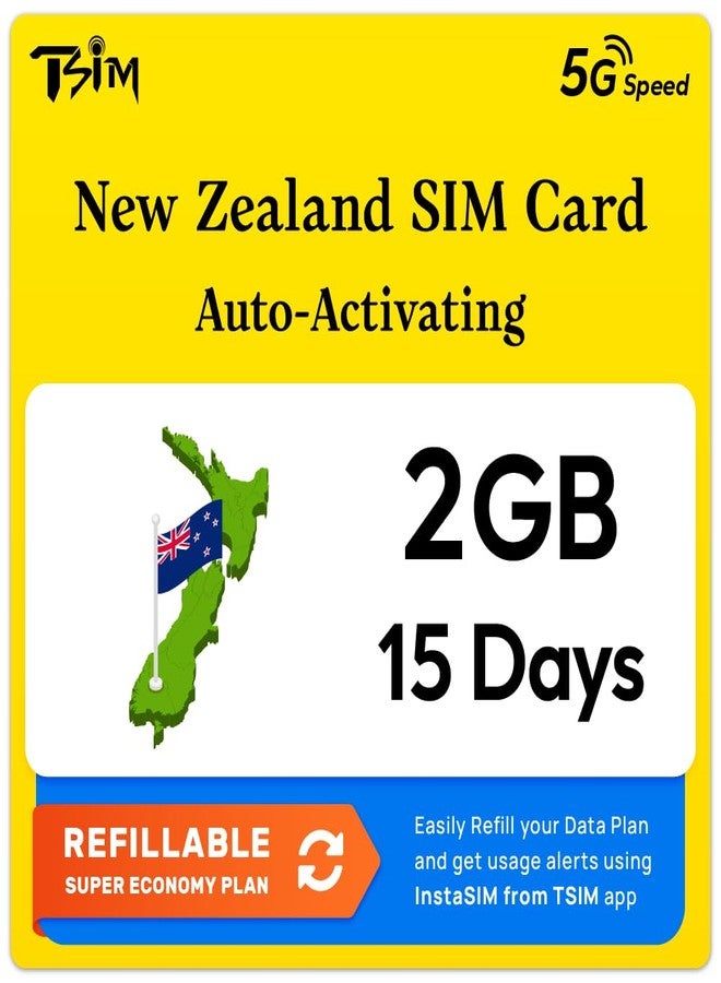 TSIM New Zealand SIM Card | 2GB Super Economy Refill Plan! Automatic Activation, 15 Days Validity | 5G Speed + Hotspot | Data Only, No Phone Number - Image 1