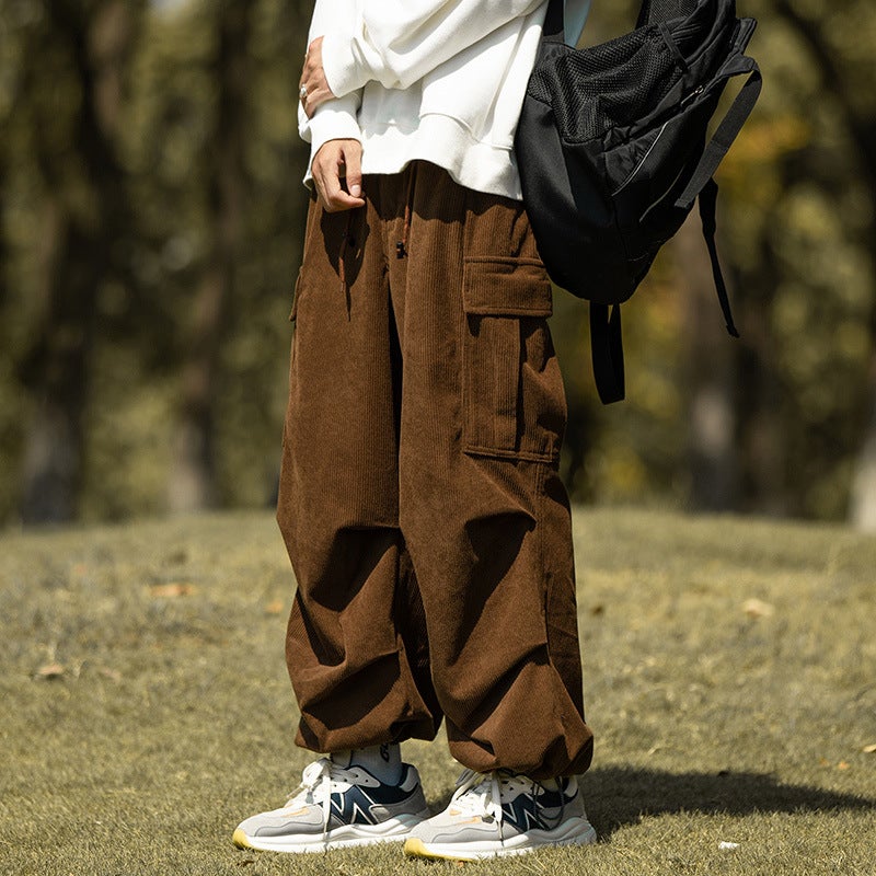 Japanese Style cityboy Overalls Mens Autumn and Winter Large Size Sports Casual Fleece-Lined Thickened Corduroy Loose Wide-Leg Pants Black velvet  - Image 4
