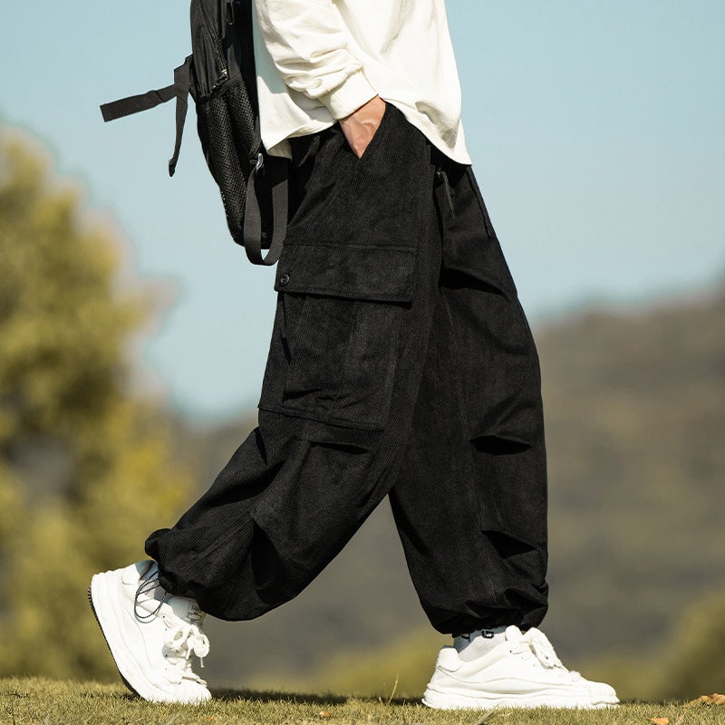 Japanese Style cityboy Overalls Mens Autumn and Winter Large Size Sports Casual Fleece-Lined Thickened Corduroy Loose Wide-Leg Pants Black velvet  - Image 5