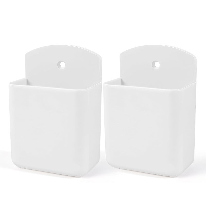 AUGHOA 2 Pack White Remote Control Holder, Self adhesive Wall Mount Storage Box for TV and Air Conditioner Remote Controls, Pen Holder Organizers and Accessories for Home Office School - Image 1