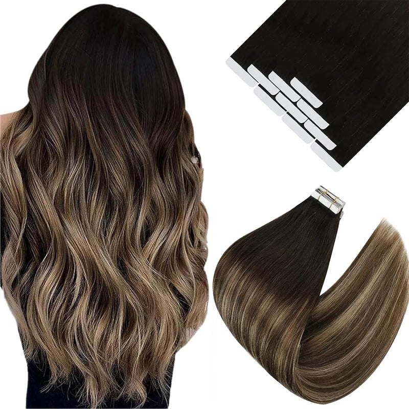 Ve Sunny Tape in Hair Extensions Real Human Hair Invisible Remy Human Hair Straight Tape Ins Double Sided Natural Black Ombre Dark Brown Balayage Ash Blonde 18 inch 10Pcs 25G
