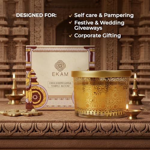 EKAM 2025–26 Festive Fragrance Gift| Scented 3 Wick Candle| Temple Bloom | Inspired by Stone Palace | 28-Hour Burn | Essential Oil Infused | Gift Box for Diwali & Celebrations - Image 3