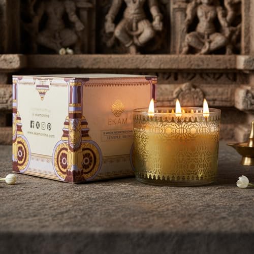EKAM 2025–26 Festive Fragrance Gift| Scented 3 Wick Candle| Temple Bloom | Inspired by Stone Palace | 28-Hour Burn | Essential Oil Infused | Gift Box for Diwali & Celebrations - Image 2