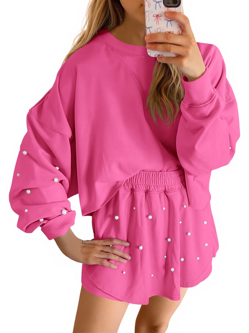 Fisoew Womens Lounge Sets 2 Piece Outfits Decor Pearl Long Sleeve Sweatshirt Skort Skirt Tracksuits Shorts Sets - Image 1