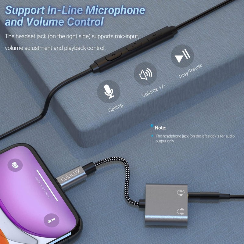 كيوبيلوكس مقسم شراكة سماعات الأذن Lightning to Dual 3.5mm Audio Jack، ومحول ميكروفون Lightning to TRRS للتشغيل في الوقت الفعلي؛ متوافق مع أجهزة iPad Pro/Air/Mini، iPhone 12 Pro/11/SE 2/Xr - Image 4