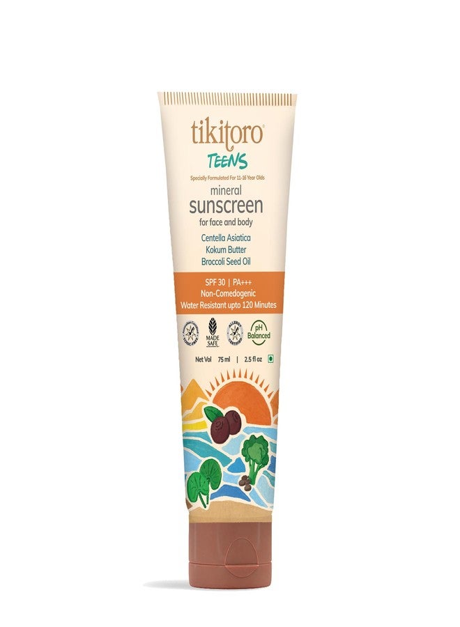 Tikitoro Teens Mineral Sunscreen with SPF 30, PA+++. Contains Kokum butter, Broccoli seed oil, Niacinamide & Zinc Oxide. Prevents Tanning & Hydrates Skin,100% Vegan, No Parabens & Sulphates (75 ml) - Image 1