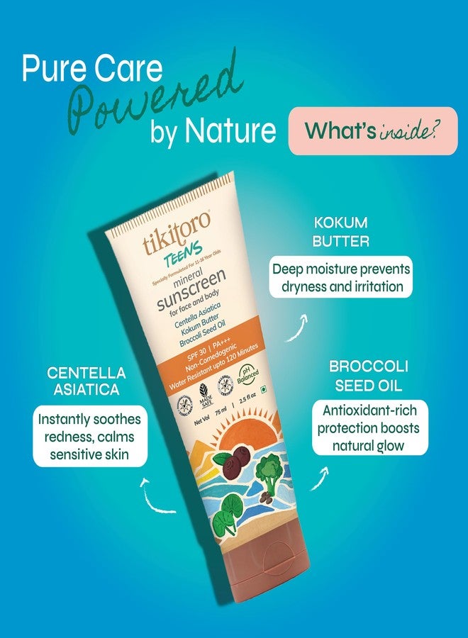 Tikitoro Teens Mineral Sunscreen with SPF 30, PA+++. Contains Kokum butter, Broccoli seed oil, Niacinamide & Zinc Oxide. Prevents Tanning & Hydrates Skin,100% Vegan, No Parabens & Sulphates (75 ml) - Image 4