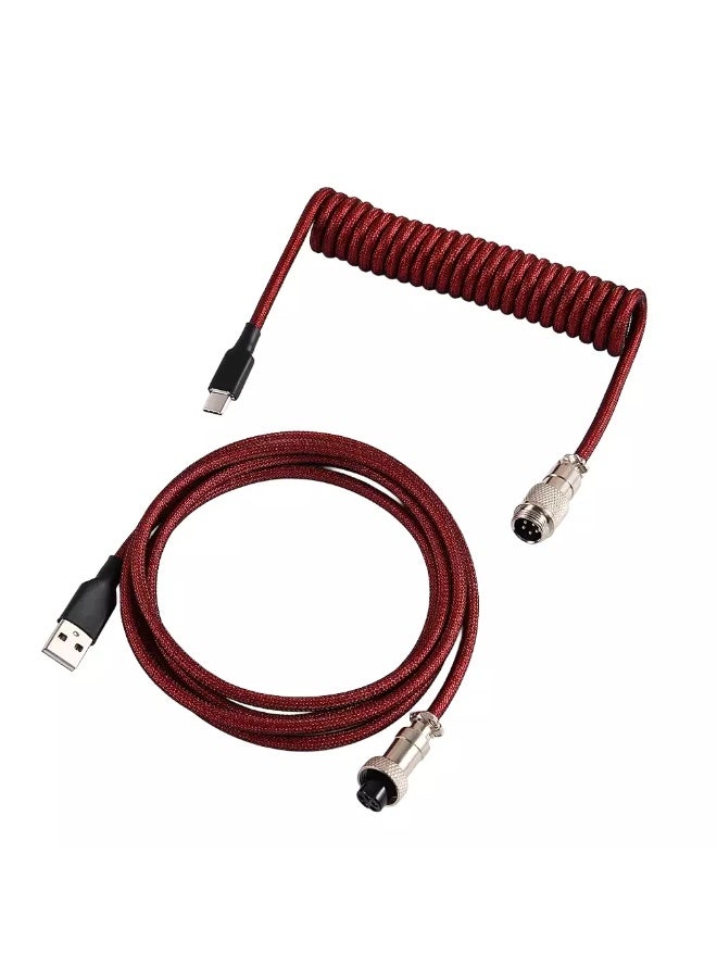 Custom Coiled GX16 USB-C Keyboard Cable – 1.8M Double-Sleeved Braided USB Type-C to USB-A Cable with Detachable Metal Aviator Connector for Mechanical Gaming Keyboards (Dark Red) - Image 1