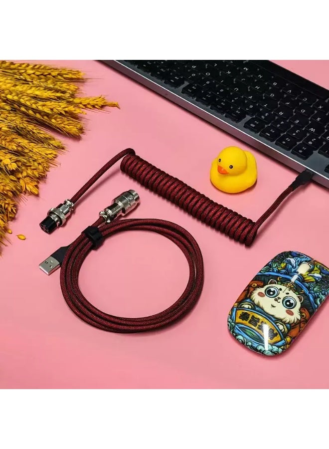 Custom Coiled GX16 USB-C Keyboard Cable – 1.8M Double-Sleeved Braided USB Type-C to USB-A Cable with Detachable Metal Aviator Connector for Mechanical Gaming Keyboards (Dark Red) - Image 4