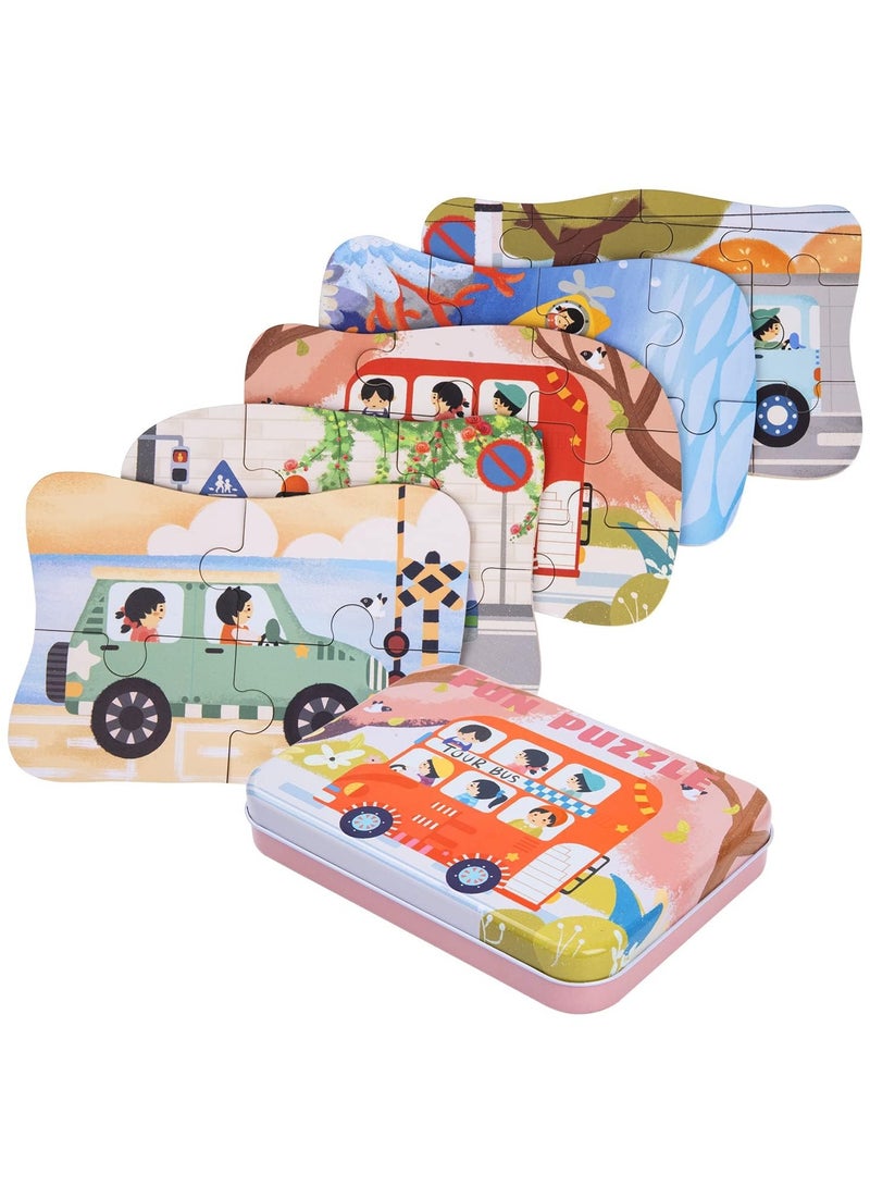 GNAFOTU 5-in-1 Jigsaw Puzzles with Iron Box for Storage,Transport Puzzles for 3-6 Year Olds,  Puzzle Toys Gifts for Boys, Girls, Kids and Children (Bus Puzzles) - Image 1