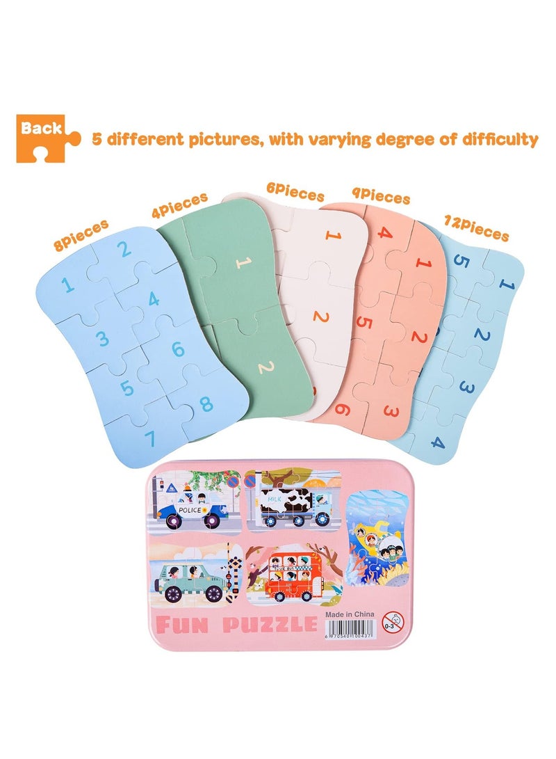 GNAFOTU 5-in-1 Jigsaw Puzzles with Iron Box for Storage,Transport Puzzles for 3-6 Year Olds,  Puzzle Toys Gifts for Boys, Girls, Kids and Children (Bus Puzzles) - Image 4