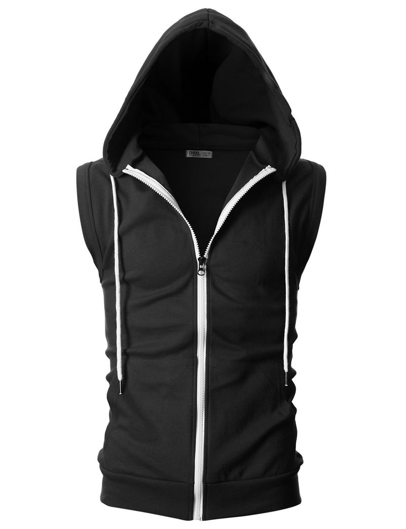 Ohoo Mens Slim Fit Sleeveless Lightweight Zip Up Hooded Sweatshirt Vest Hoodie / DCF012-BLACK-M - Image 2
