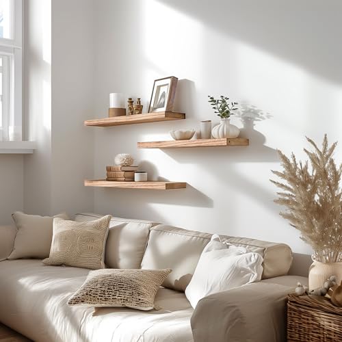 YYWUOJJ Wood Floating Shelves for Wall Decor, Rustic Wall Shelves for Bedroom Bathroom Kitchen Living Room, Set of 6 Light Walnut - Image 5