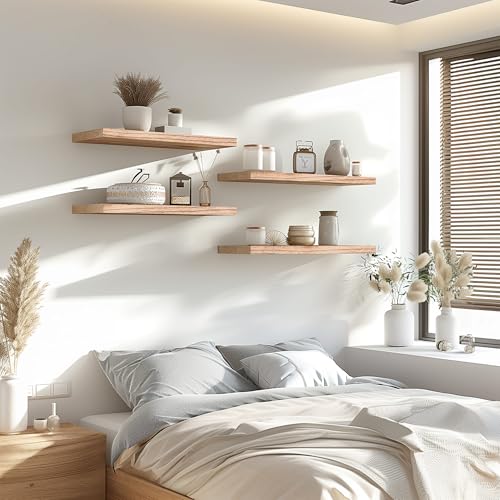 YYWUOJJ Wood Floating Shelves for Wall Decor, Rustic Wall Shelves for Bedroom Bathroom Kitchen Living Room, Set of 6 Light Walnut - Image 3