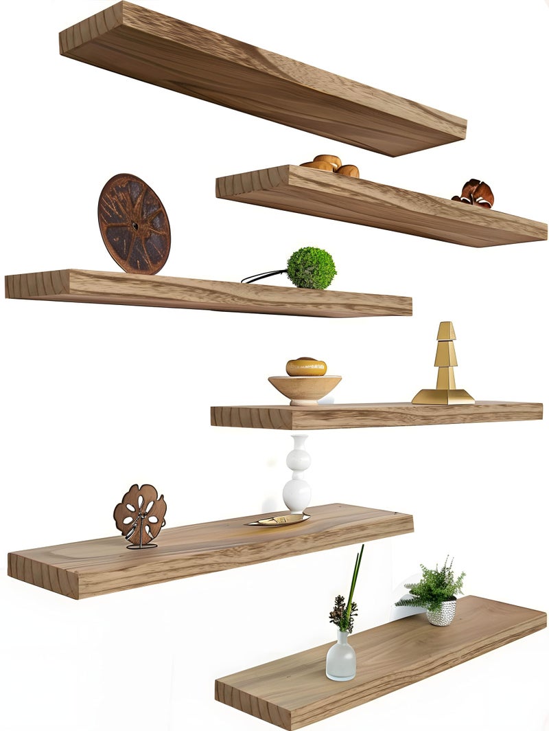 YYWUOJJ Wood Floating Shelves for Wall Decor, Rustic Wall Shelves for Bedroom Bathroom Kitchen Living Room, Set of 6 Light Walnut - Image 1