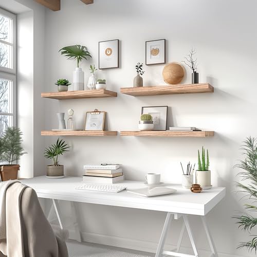 YYWUOJJ Wood Floating Shelves for Wall Decor, Rustic Wall Shelves for Bedroom Bathroom Kitchen Living Room, Set of 6 Light Walnut - Image 4