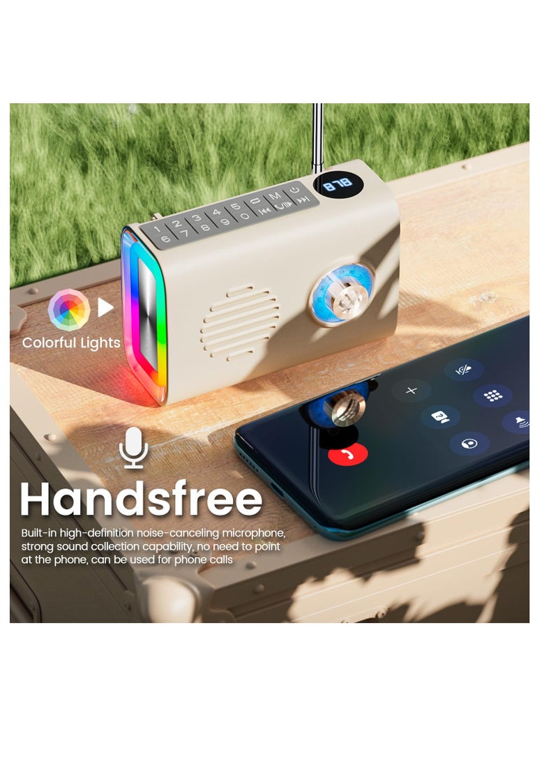 Excefore Portable Bluetooth Speaker With Light, Outdoors Solar Powered Wireless Speakers, Vintage FM Radio With RGB Light, String Bass Enhancement with U Disk, TF Card, Aux Player Function, Beige  - Image 4