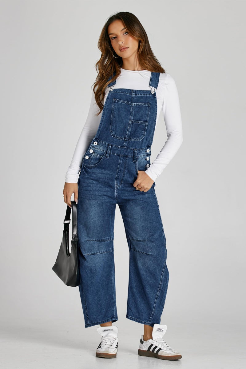 PLNOTME Womens Denim Bib Overalls Barrel Leg Adjustable Strap Jean Pants Jumpsuits with Pockets,Navy - Image 5