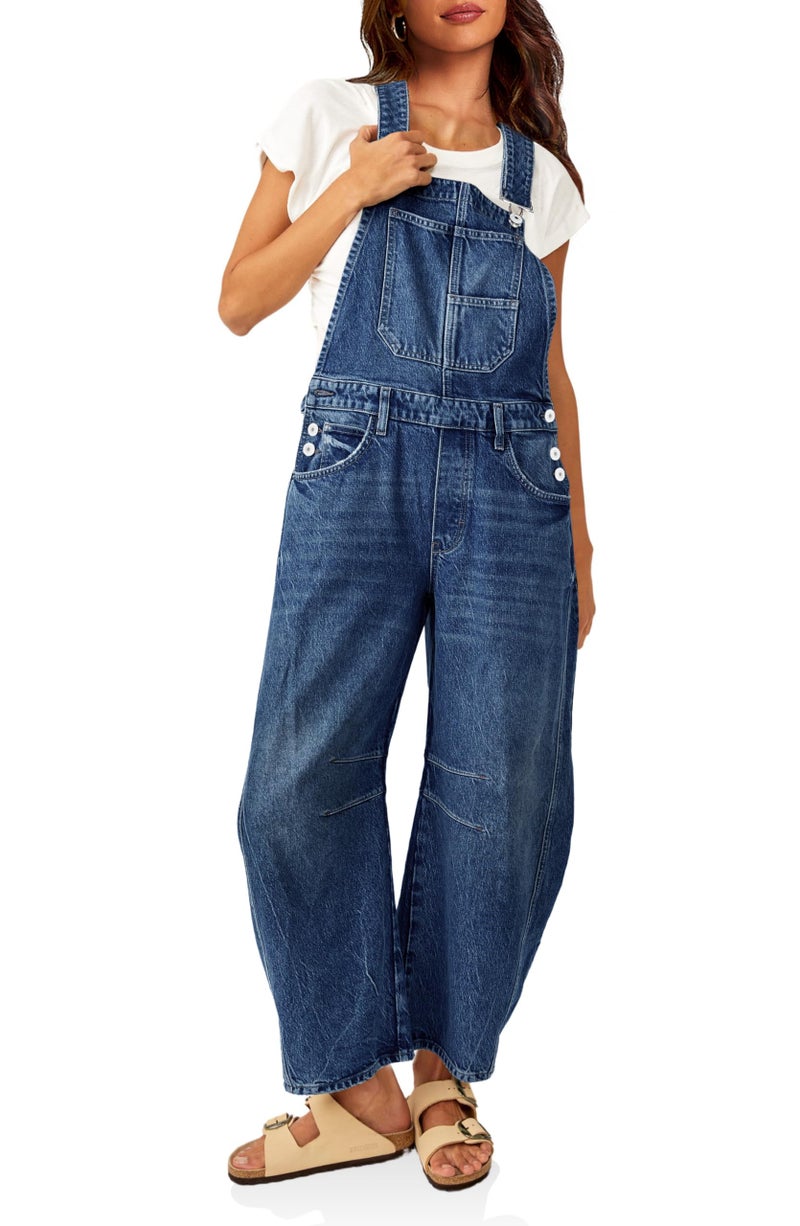 PLNOTME Womens Denim Bib Overalls Barrel Leg Adjustable Strap Jean Pants Jumpsuits with Pockets,Navy - Image 1