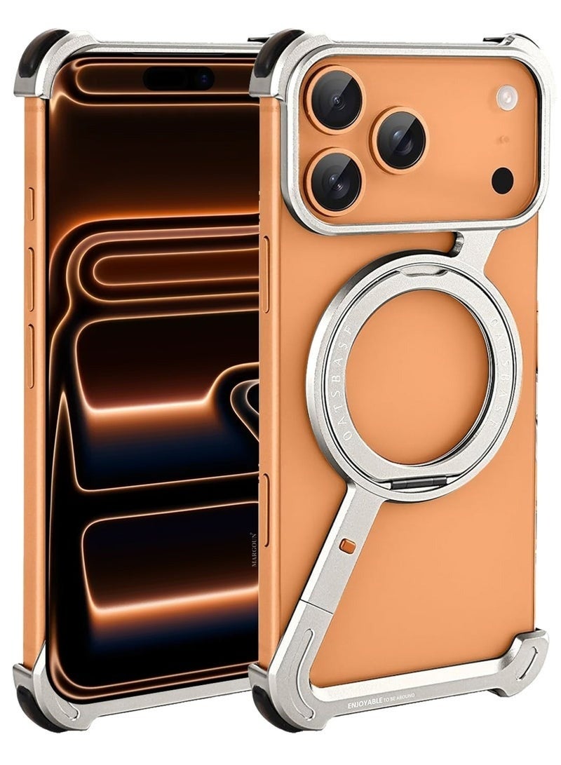 جراب هاتف iPhone 17 Pro Max على شكل حرف Z مع حامل معدني من الألومنيوم بدون إطار، قابل للدوران 360 درجة - فضي - Image 1