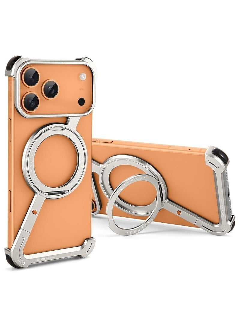 جراب هاتف iPhone 17 Pro Max على شكل حرف Z مع حامل معدني من الألومنيوم بدون إطار، قابل للدوران 360 درجة - فضي - Image 3
