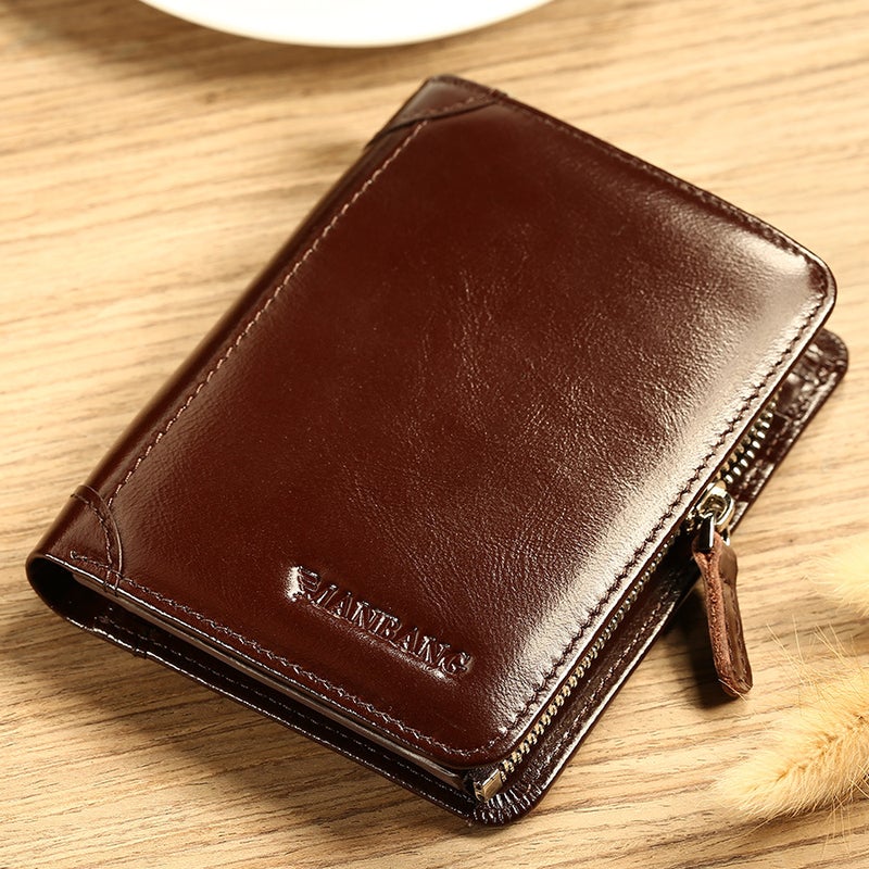 Mens Genuine Leather Wallet Coin Pouch Zipper Card Holder MBQ2751BF Oil Wax Skin Brown