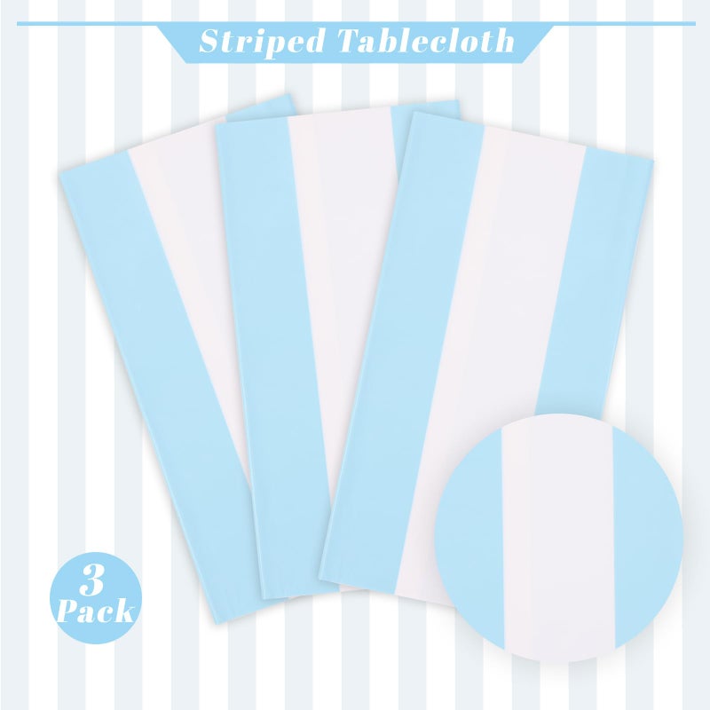 Kesfey 3 Packs Light Blue and White Striped Table Cloth 54 x 108 Inches Bluey Stripe Table Cover Disposable Plastic Beach Tablecloths Waterproof Rectangle Picnic Tablecover for Pool Birthday Party - Image 3
