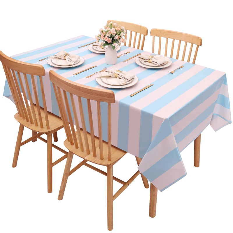 Kesfey 3 Packs Light Blue and White Striped Table Cloth 54 x 108 Inches Bluey Stripe Table Cover Disposable Plastic Beach Tablecloths Waterproof Rectangle Picnic Tablecover for Pool Birthday Party - Image 5