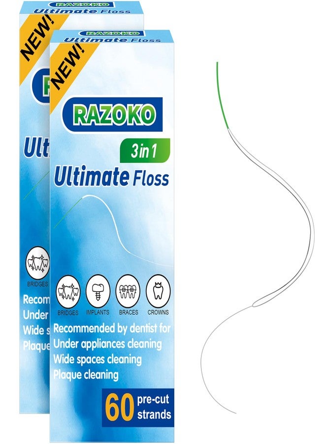 RAZOKO Dental Floss for Braces, 3 in 1 Ultimate Floss Pre-Cut Strands, 60 Count (Pack of 2) - Image 1