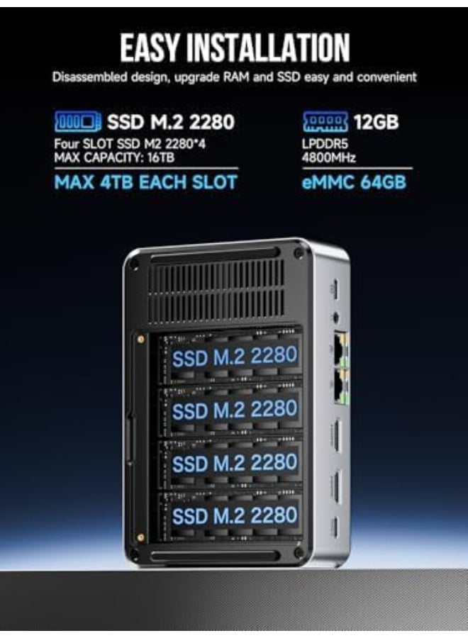 GMKtec Desktop Ultracompact Mini PC GMKtec NAS, G9 Intel N150 Dual Boot Linux+OS 12GB DDR5 64GB EMMC + 512GB M.2 SSD, 4*M.2 NVMe Slots, Dual NIC 2.5GbE, USB-C/USB 3.2 10Gbps, Network Attached Storage NucBox G9 - Image 4