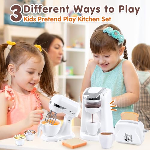Play Kitchen Appliances Toys Kids Kitchen Playset Accessories Pretend Play Toy Sets with Coffee Maker Mixer Toaster with Realistic Lights Sounds Gifts for Boys Girls Toddlers Ages 3 White - Image 5