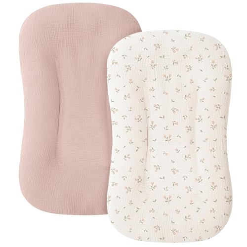 MairMore Muslin Baby Lounger Cover for Newborn & Infant, 100% Cotton Soft and Breathable Lounger Slipcover for Baby Girls and Boys, Pack of 2 (Pink Blossom) - Image 1