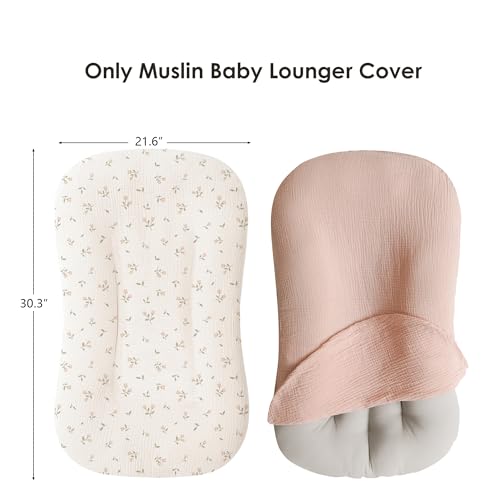 MairMore Muslin Baby Lounger Cover for Newborn & Infant, 100% Cotton Soft and Breathable Lounger Slipcover for Baby Girls and Boys, Pack of 2 (Pink Blossom) - Image 4