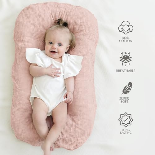 MairMore Muslin Baby Lounger Cover for Newborn & Infant, 100% Cotton Soft and Breathable Lounger Slipcover for Baby Girls and Boys, Pack of 2 (Pink Blossom) - Image 3