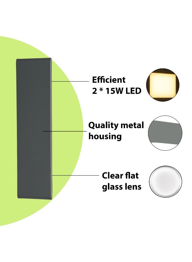 ALFRIDAY Modern Outdoor LED Wall Light, IP65 Waterproof, 3000K Warm White, Powder-Coated Aluminum, Up and Down Beam, Integrated 2x15W - Image 3